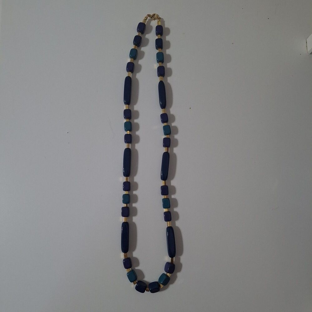 Trifari Blue Turquoise Square Rectangular Bead Gold Single Strand Necklace